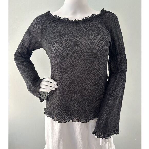 Black Lace Bell Sleeve Off-Shoulder Top Ruffled Neckline Goth Boho Blouse Size M - Picture 1 of 5